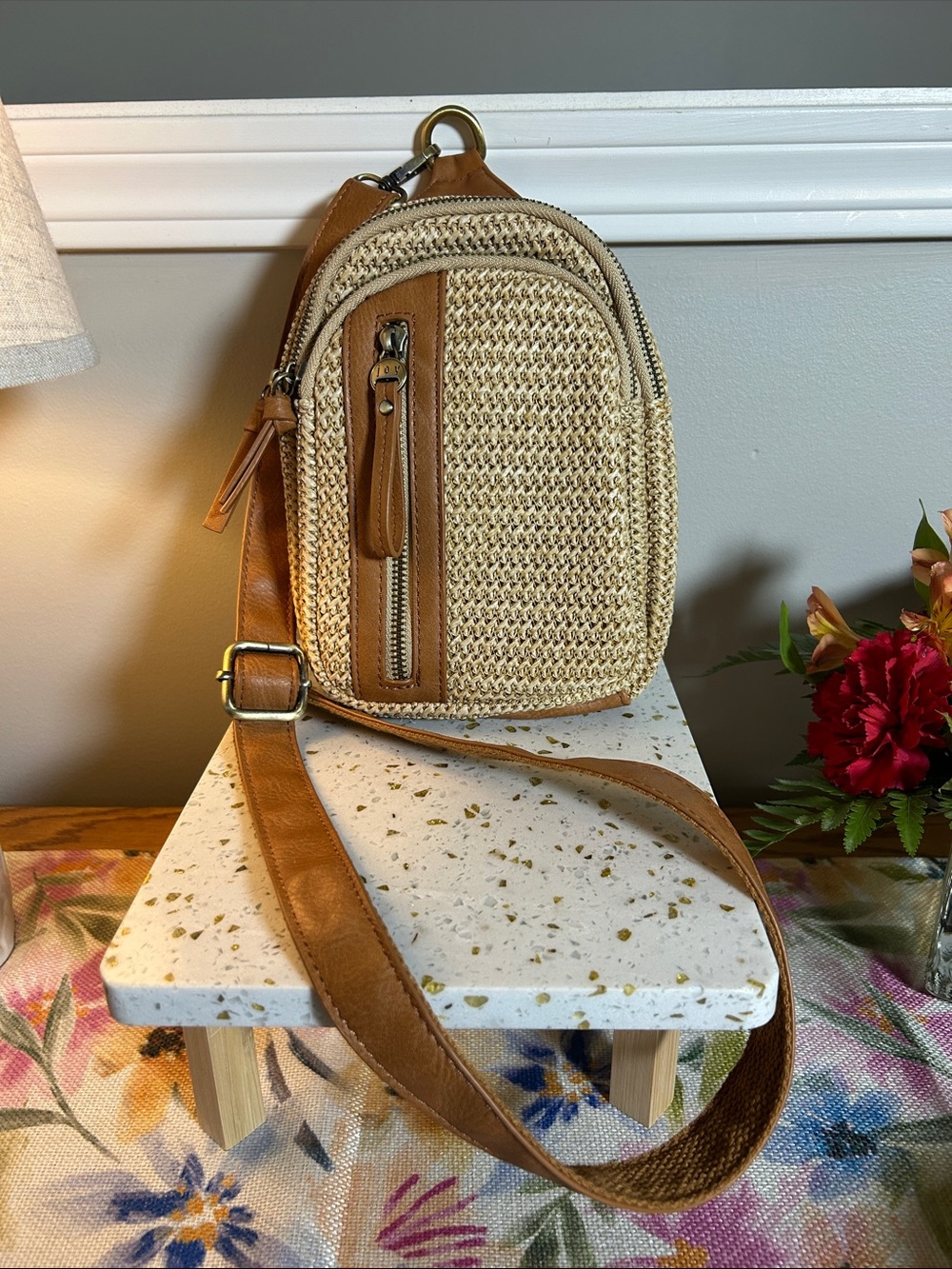 Joy Susan Tan and Beige Woven Skyler Sling Bag NWOT